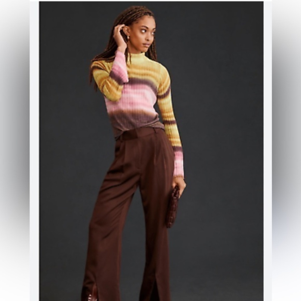 ANTHROPOLOGIE Pilcro Velvet Multicolor Turtleneck Ribbed Bell Sleeve Sweater Top